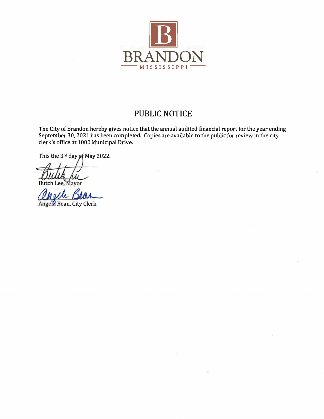 2021 Annual Audit - Notice - City of Brandon, Mississippi